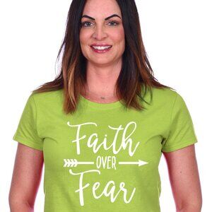 JH Design Women's Religious Christian Faith Over Fear Lime Green T-Shirt